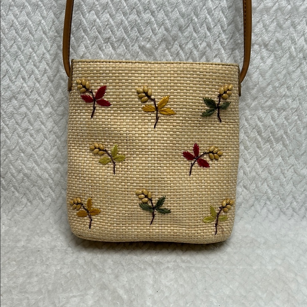 Fossil Cream and Red Crossbody Bag with Whimsical Design embroidered flowers